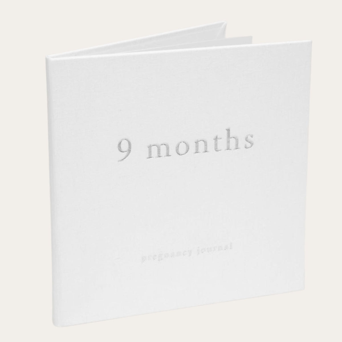 White linen pregnancy journal cover with silver “9 months” lettering.