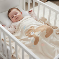 Little Bear embroidered baby blanket in organic cotton with shearling reverse. Soft baby blanket with chenille bear design.