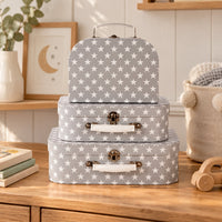Grey Luggage Trunk with White Stars Empty Hamper.