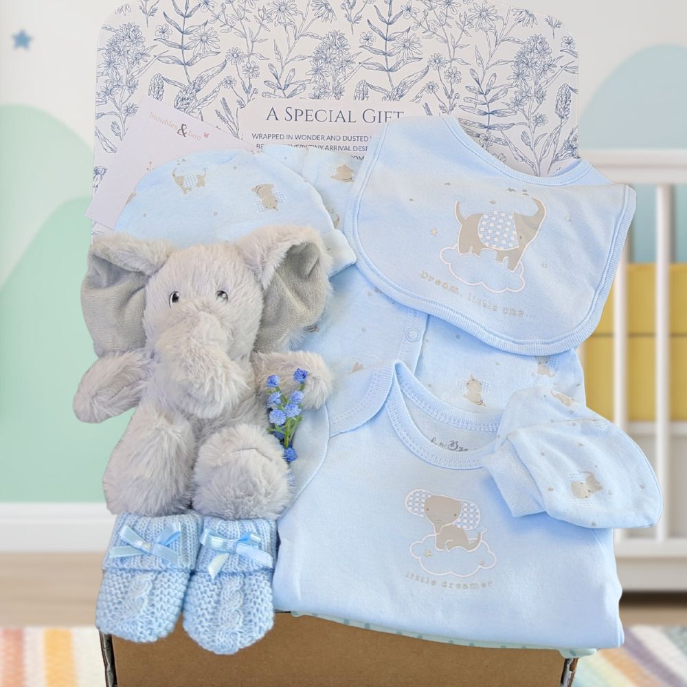 Baby gift box with an elephant theme and includes blue clothes set for a new baby. 