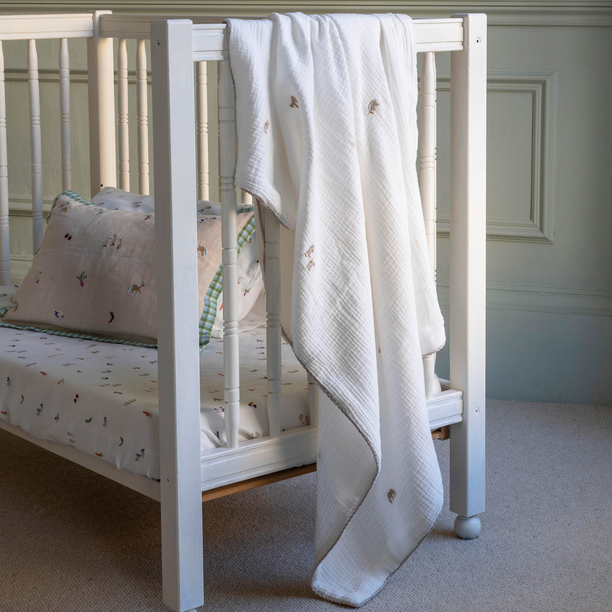 Four-layer organic cotton muslin baby blanket from the Little Farm design