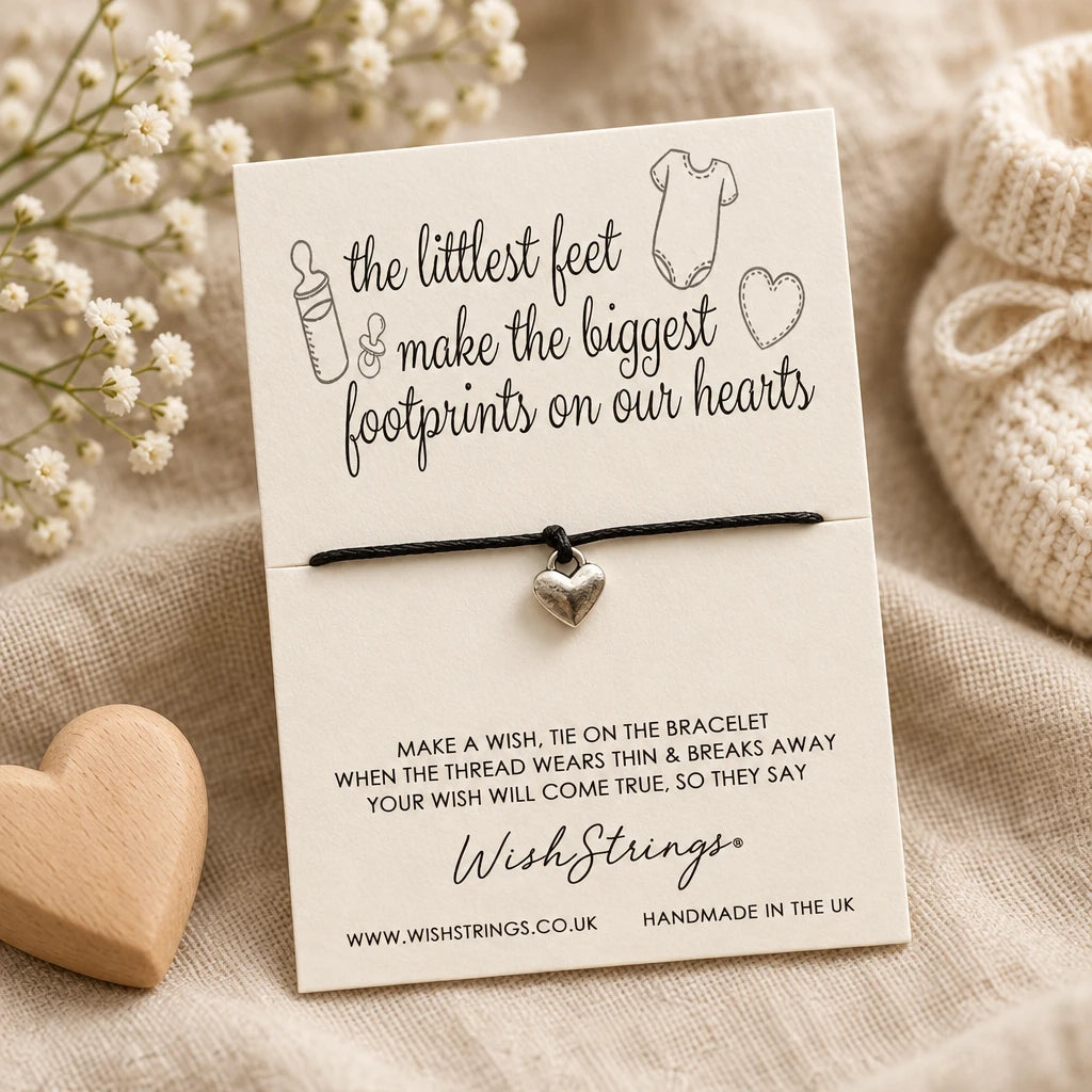 Little Feet wish string bracelet with heart charm and sentiment card