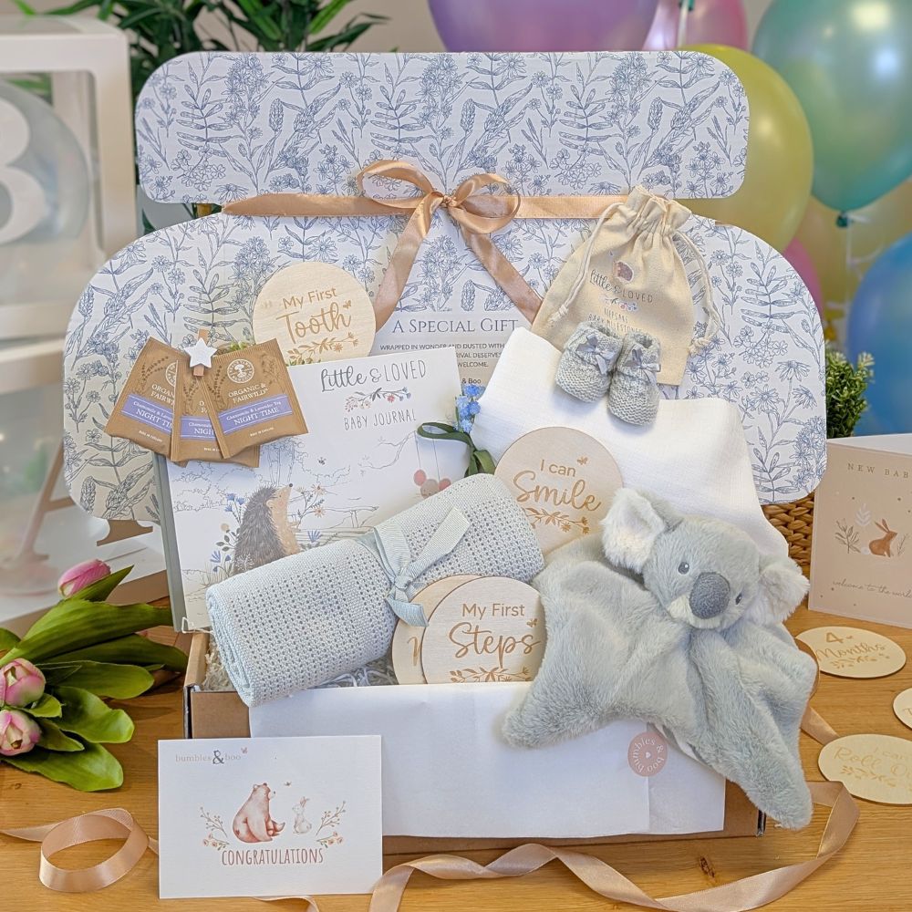 Unisex baby gifts hamper with koala comforter, blanket and milestone discs