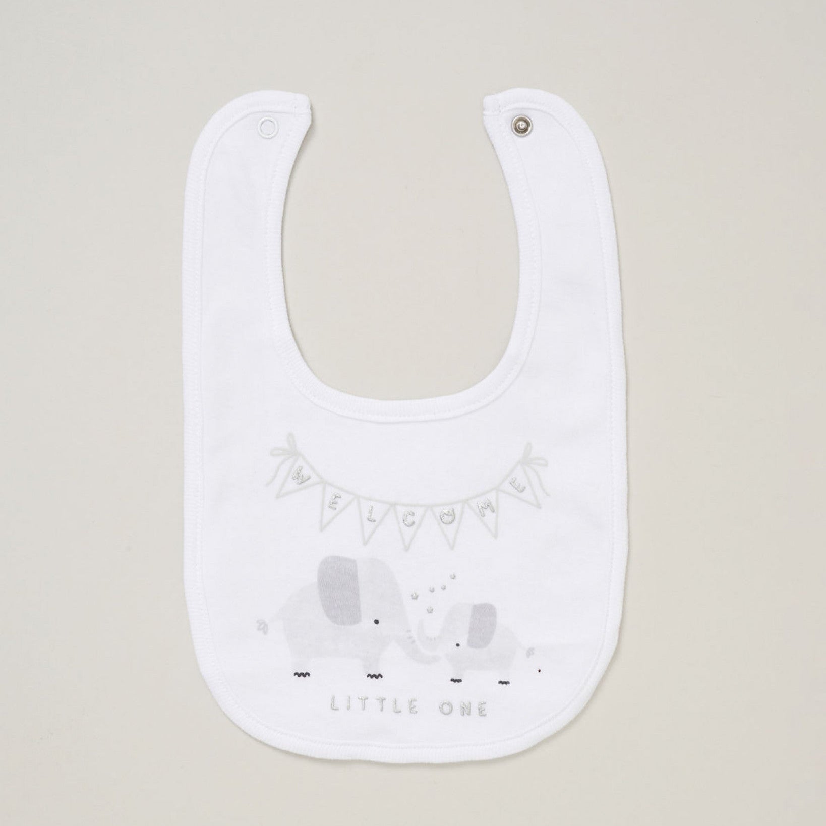White baby bib with grey elephant and Welcome Little One slogan