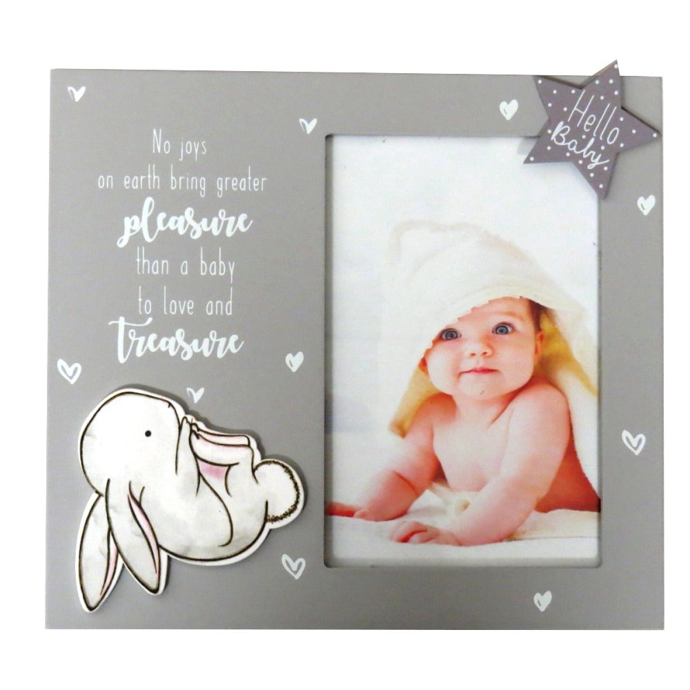 Grey photo frame with bunny, star, and words that read &quot;No joys on earth bring greater pleasure than a baby to love and treasure&quot;