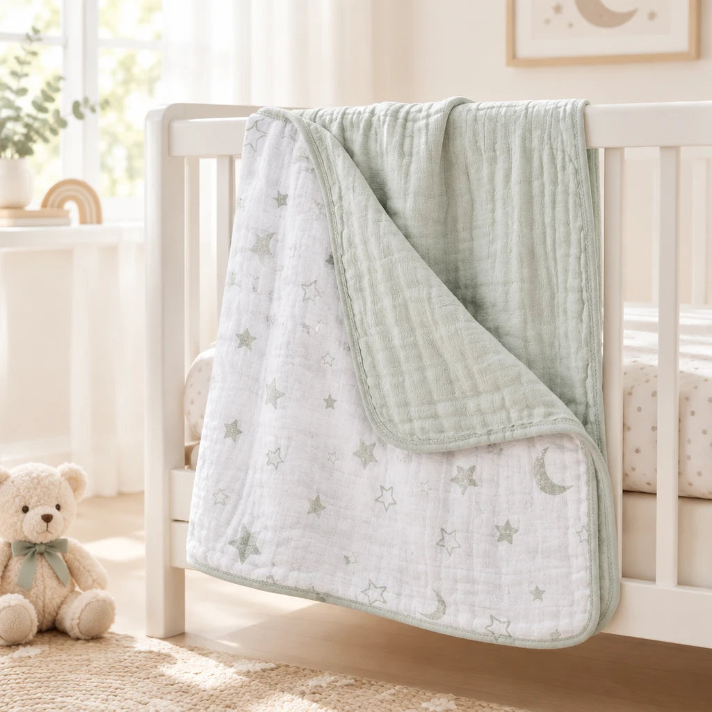 Luna Moon and Stars muslin baby blanket measuring 120 x 120 cm