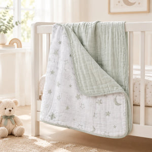 Luna Moon and Stars muslin baby blanket measuring 120 x 120 cm