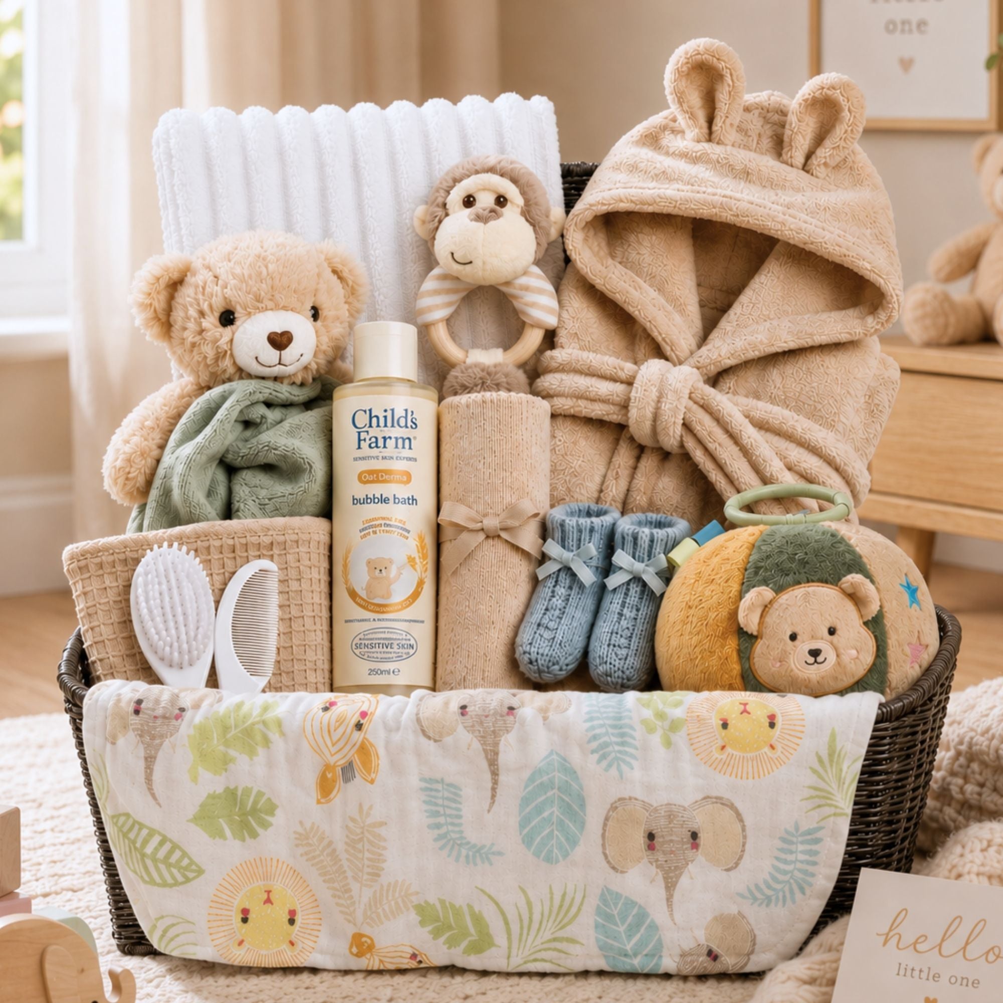 Baby hamper for boys which includes beige dressing gown, teddy comforter and sensory toys.