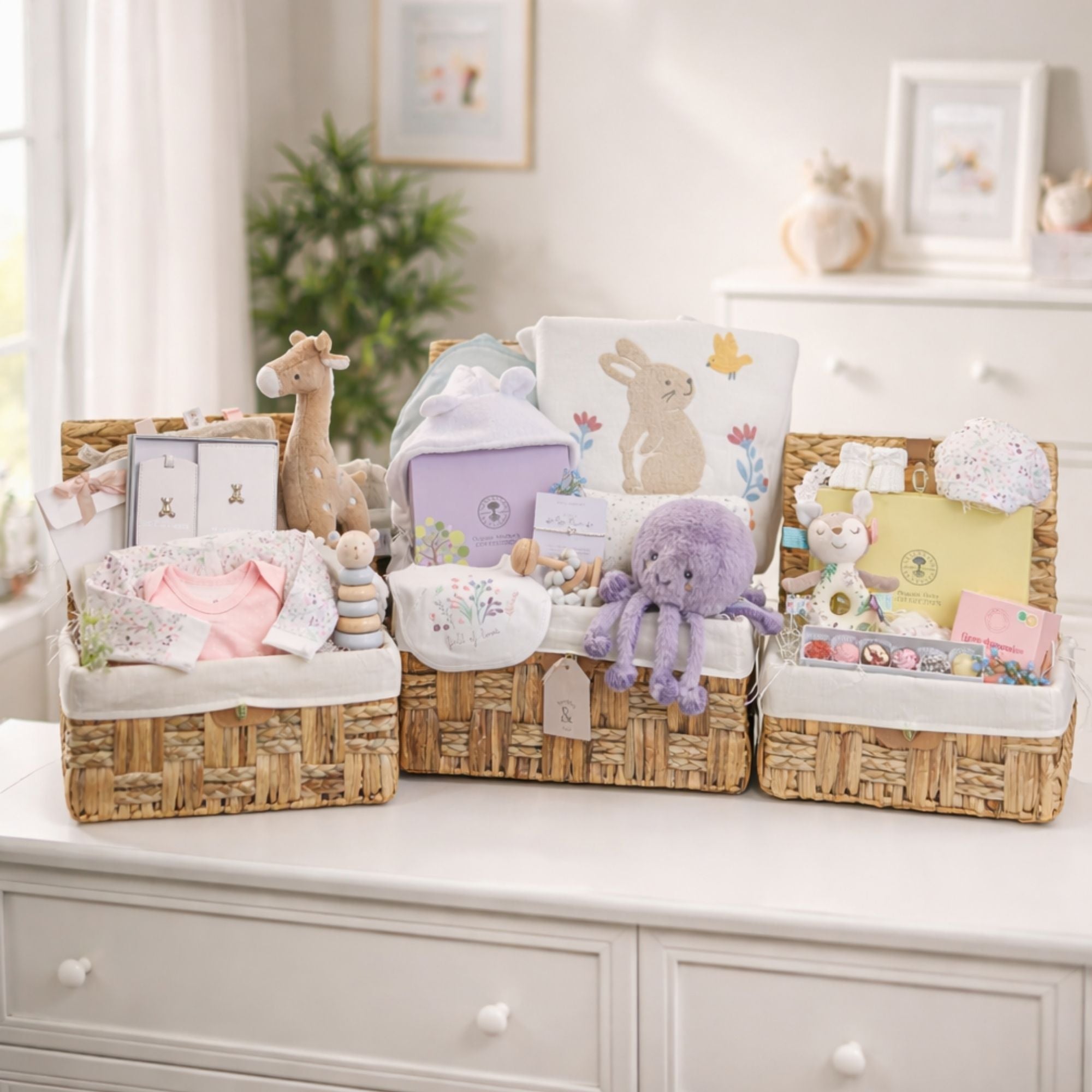 Luxury new mother hampers full of gifts for mum and baby in purple and lilac