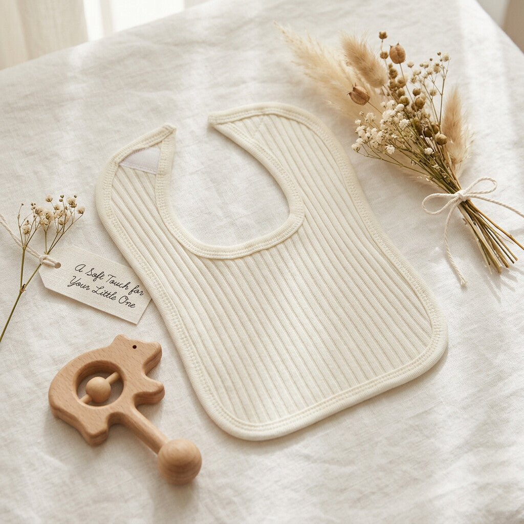 Marshmallow cream ribbed baby bib laid on fabric beside dried flowers and a wooden rattle.