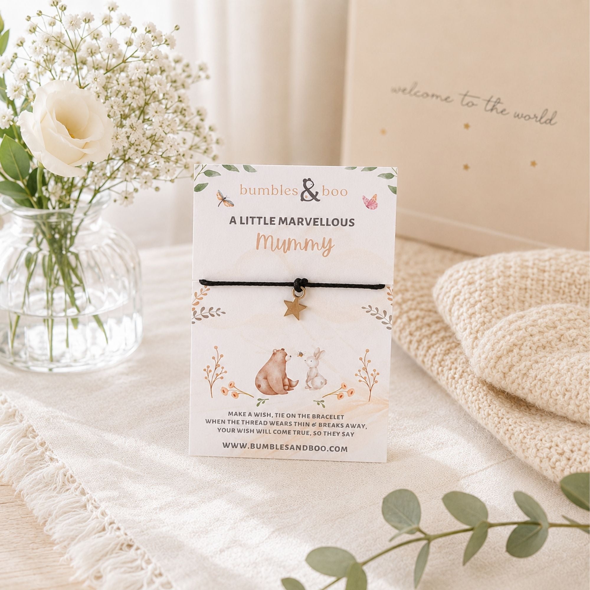 Sweet wish string bracelet with silver star charm on black cord with sweet sentiment for a marvellous mummy!
