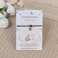 Sweet wish string bracelet with silver star charm on black cord with sweet sentiment for a new mum or mum to be. 