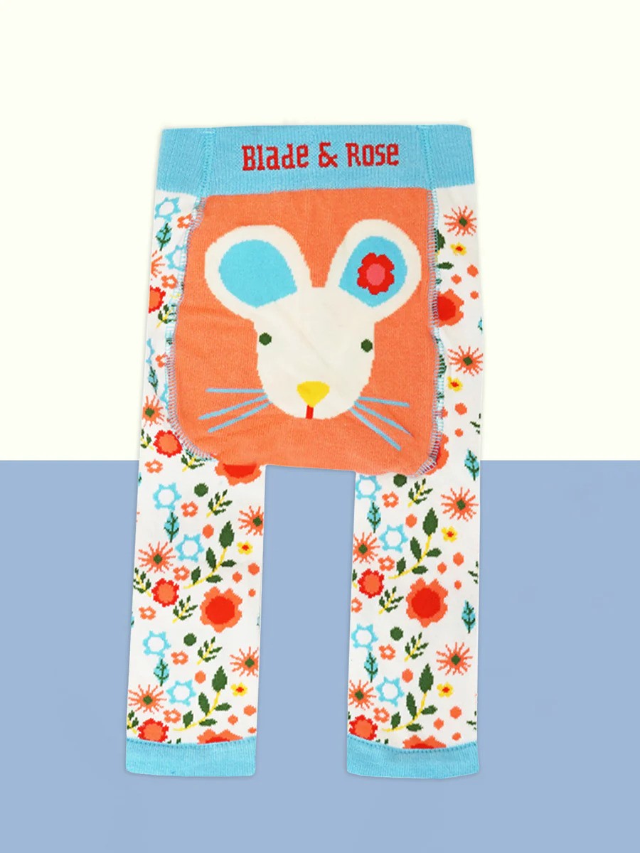 White leggings with a flower pattern, mouse design and blue accents