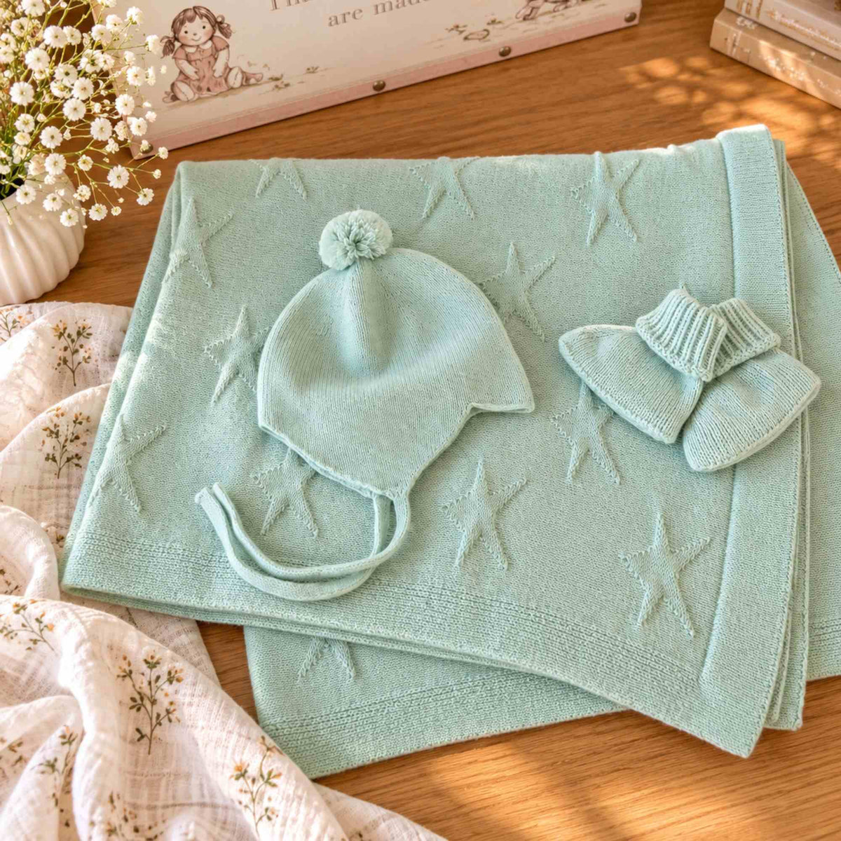 Mint green cashmere star blanket with matching bonnet and booties arranged together on a wooden surface.