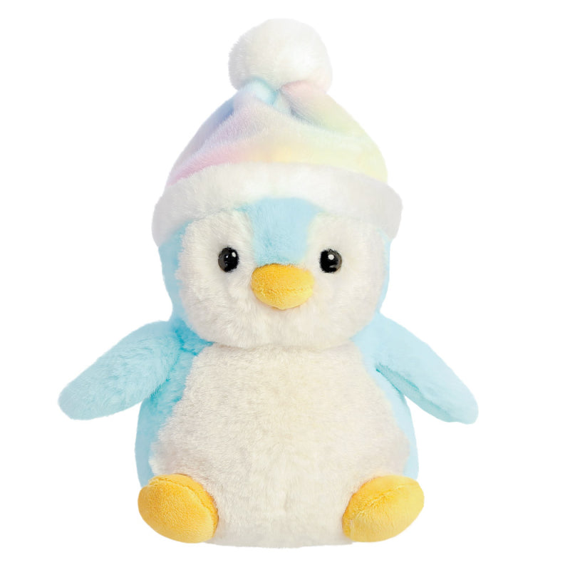 Cute soft toy penguin in mint blue with a rainbow bobble hat