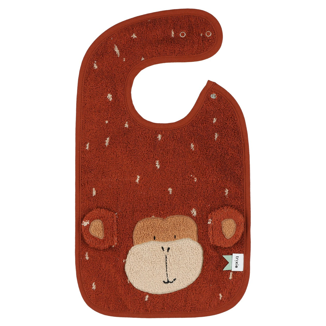 brown baby bib with a monkey face and ears organic