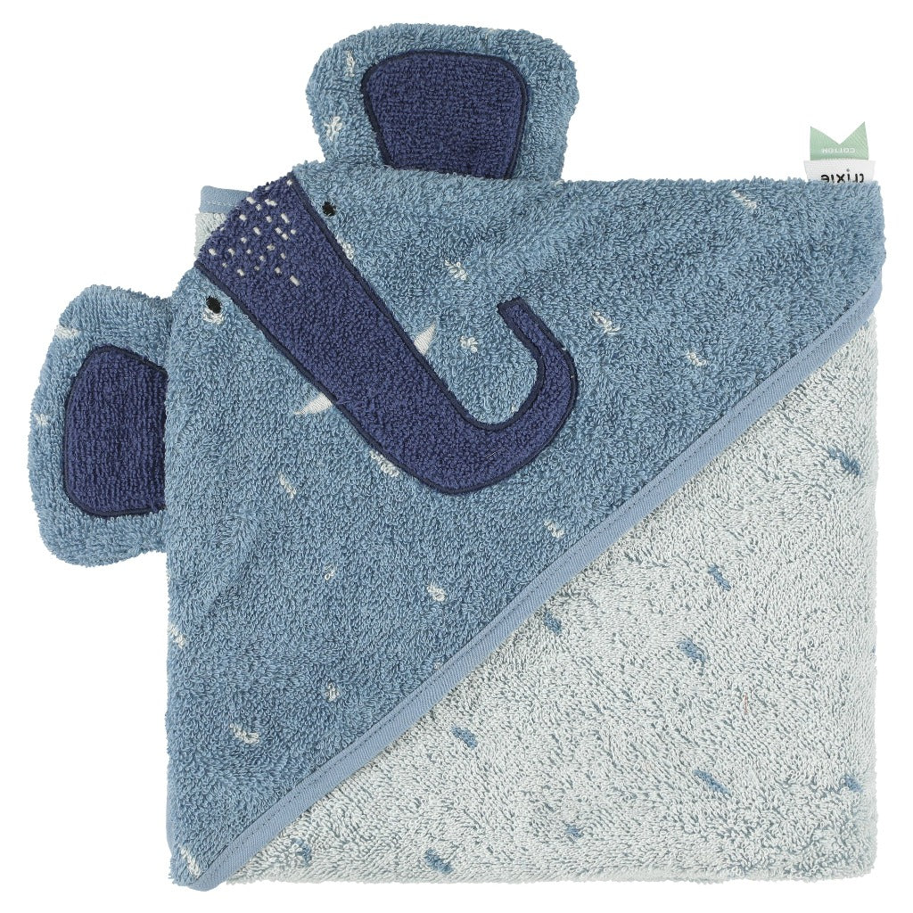 A soft green hooded towel with the face of a friendly elephant on the hood.  The colour is blue