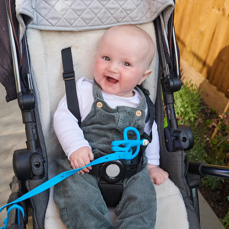 Blue baby strap holder for strollers and highchairs
