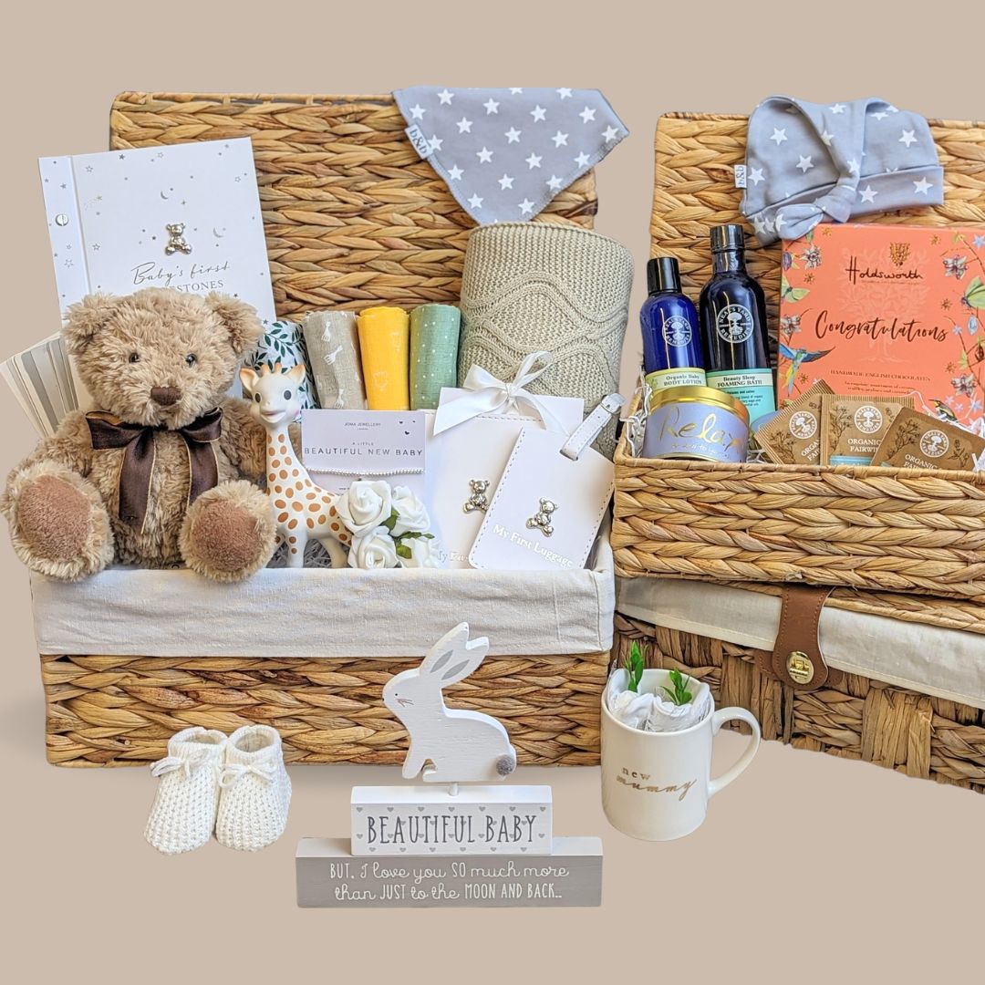 Mum and baby gift baskets in two hampers.