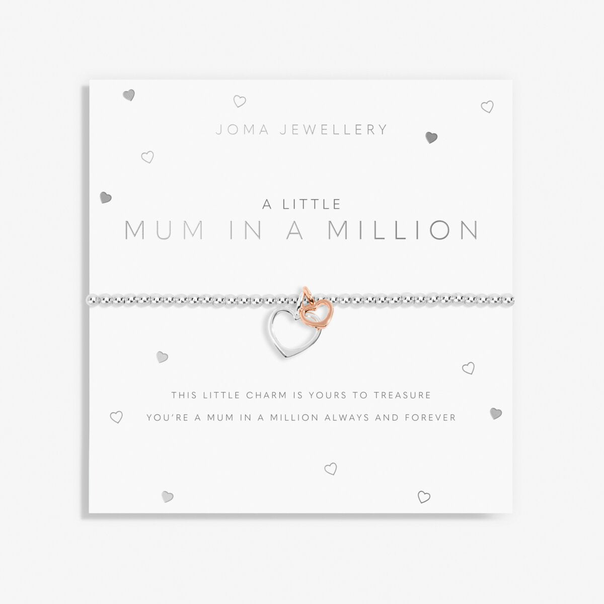 A silver bracelet with a silver heart and a smaller rose gold heart charms on a white with the sentiment 'Mum in a Million'