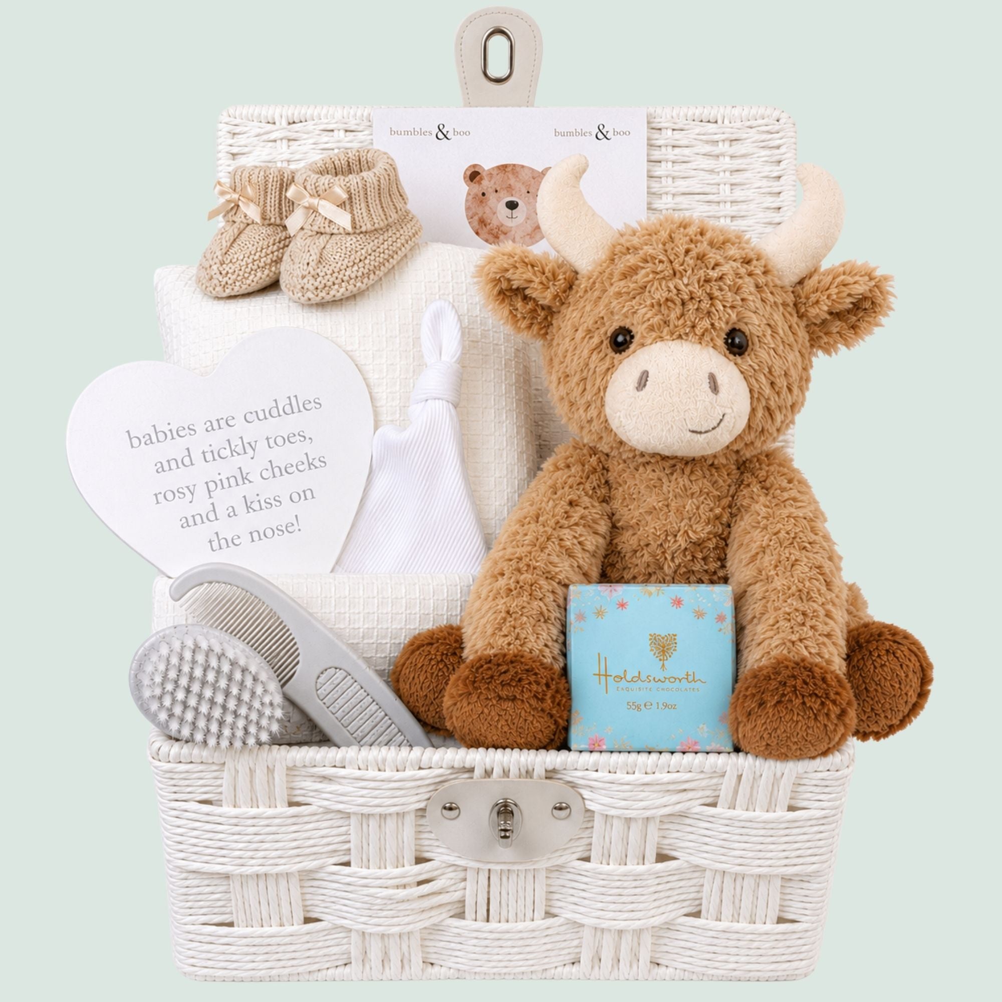 Mum to be gift basket with highland cow soft toy and chocolates for mum. Bumbles and Boo.