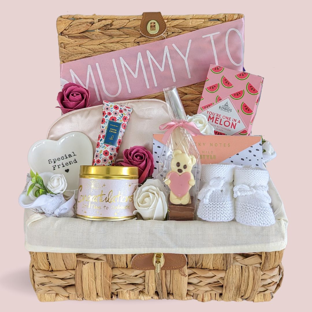 Mum to Be Gift hamper with Relaxation Candle, Chocolate Stirrer, Eye Mask, Sweets, Hand Cream, Soap Roses and lots more.
