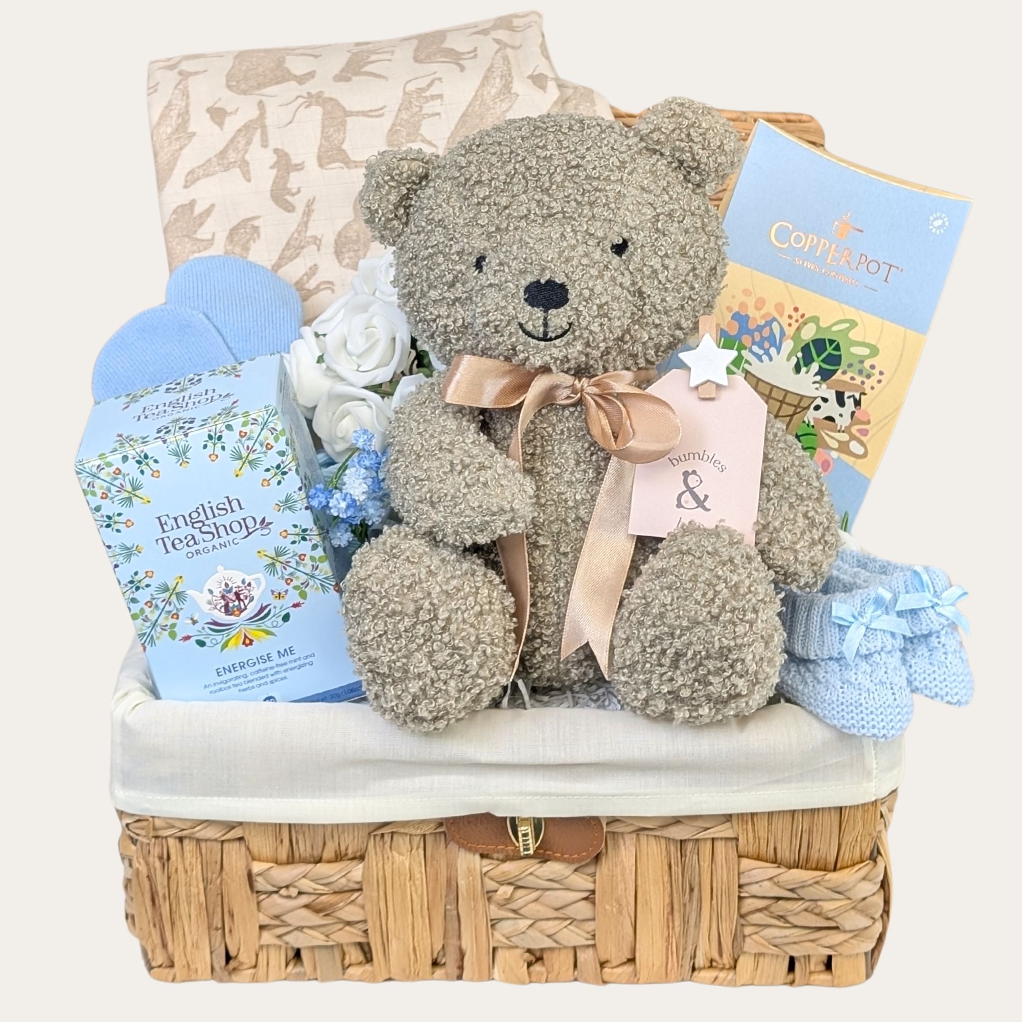 Mummy to be gifts basket with blue presents for mum and baby packed in a hamper by Bumbles and Boo