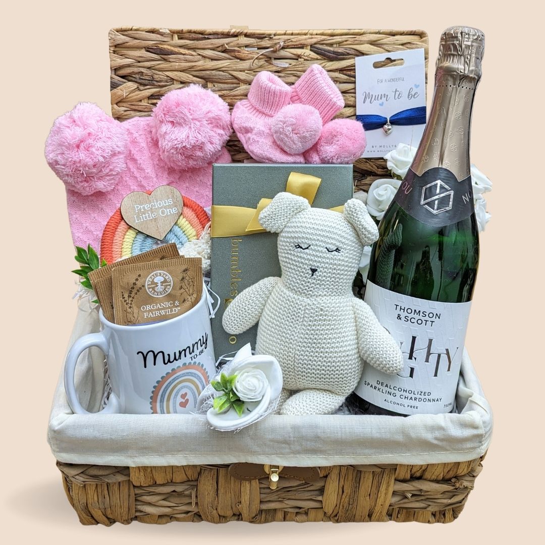 mum to be hamper basket with gifts for both mum and baby.