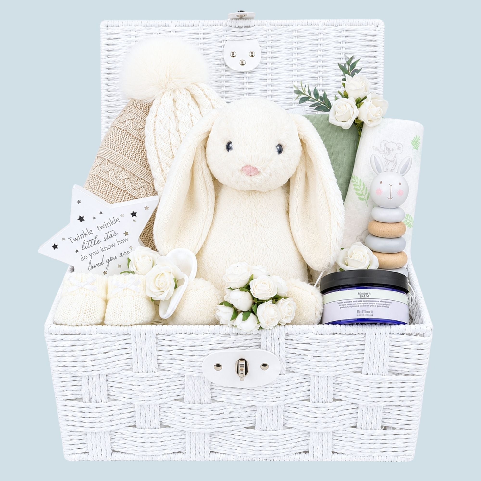 Mum to be gifts hamper basket with white bunny soft toy and organic skincare for mum. Bumbles and Boo.