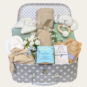 Mum to be keepsake hamper with pregnancy gifts including bracelet, tea, chocolate and newborn essentials in sage green and brown