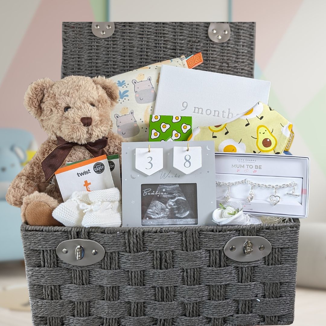 large mum to be gifts hamper with teddy and pregnancy journal.