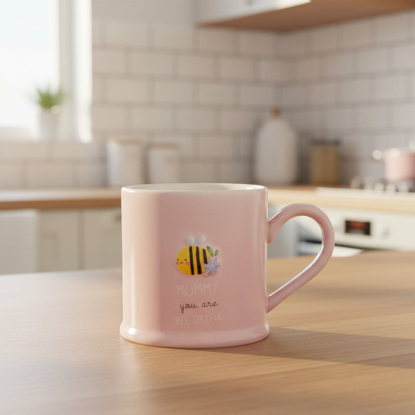 Pink ceramic Mummy Bee-utiful mug with embossed bee and printed sentiment on kitchen table, new mum gift idea.