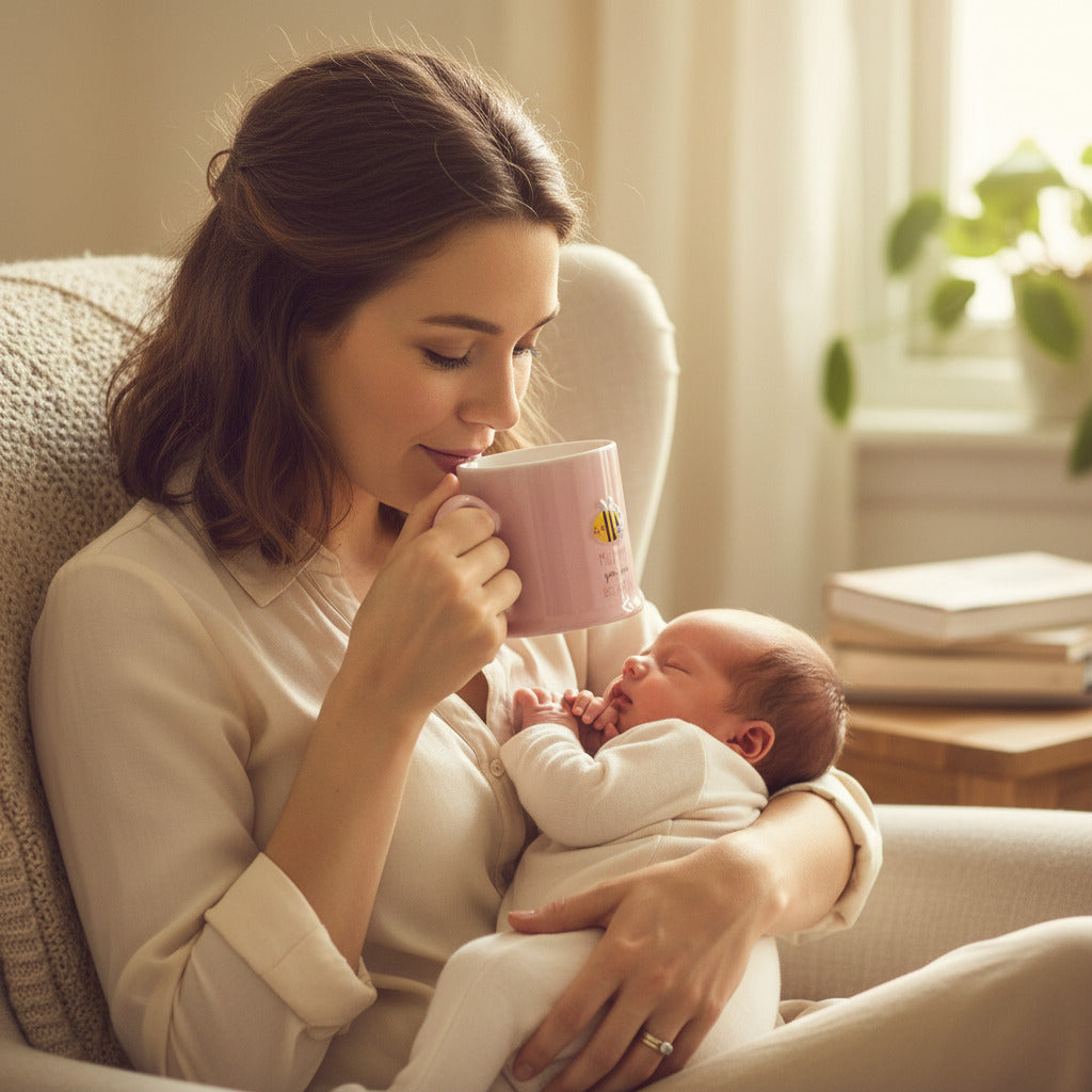 New mum holding pink Mummy Bee-utiful ceramic mug with 3D bee detail while cradling baby, from new mum gifts collection.
