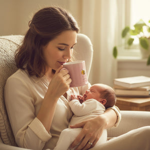 New mum holding pink Mummy Bee-utiful ceramic mug with 3D bee detail while cradling baby, from new mum gifts collection.