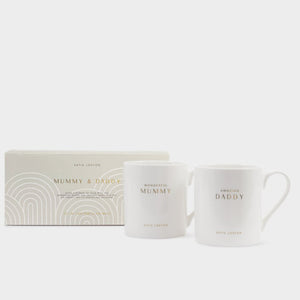 Boxed mummy and daddy mug gift set, ready to gift new parent present