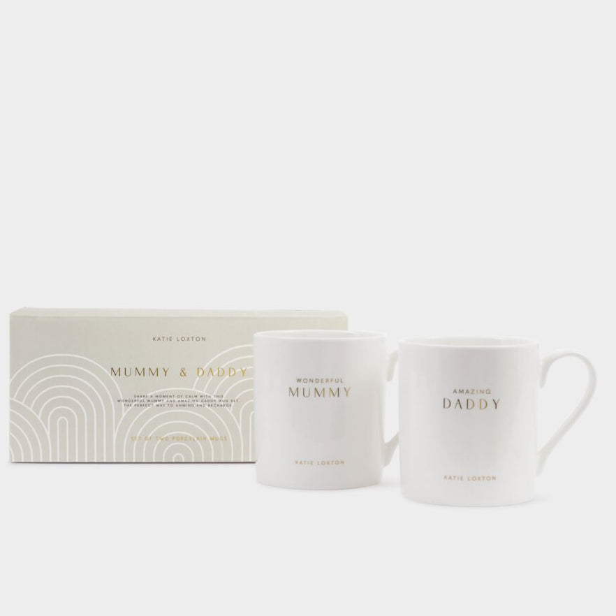 Boxed mummy and daddy mug gift set, ready to gift new parent present