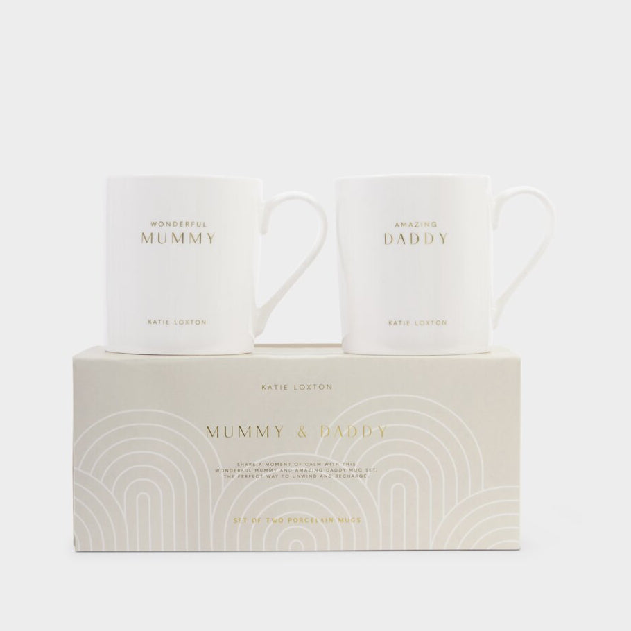 Matching mummy and daddy porcelain mugs, elegant gift set for new parents