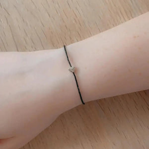 Mummy wish string bracelet with silver heart charm on black waxed cotton cord