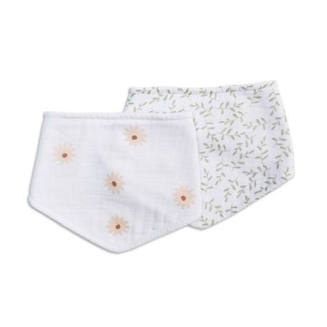 2 pack of white bandana bibs with flower and leaf patterns