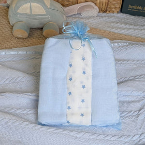 Pack of baby muslins white and blue.