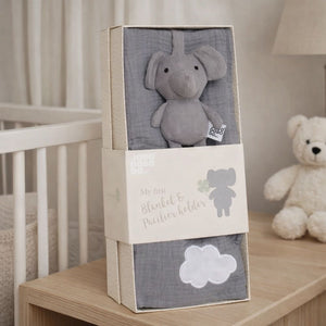 Gray elephant plush toy and blanket set in a gift 