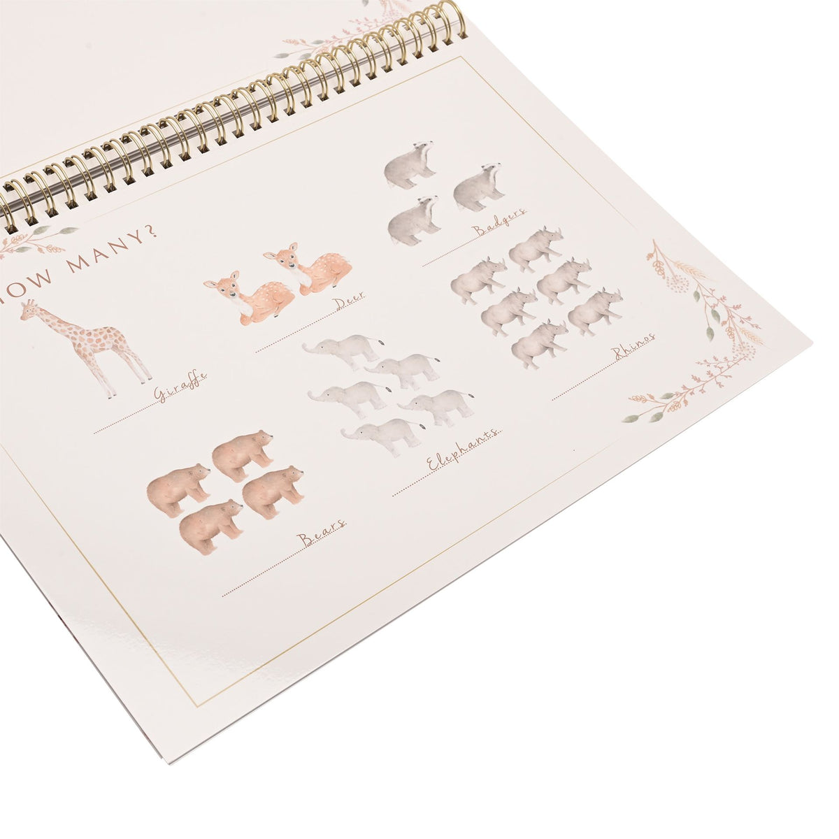 Open busy book showing its illustrated animal counting activity page.