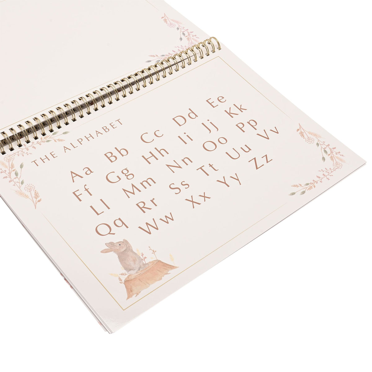 Alphabet activity page in the spiral-bound busy book, showing upper and lower case letters.
