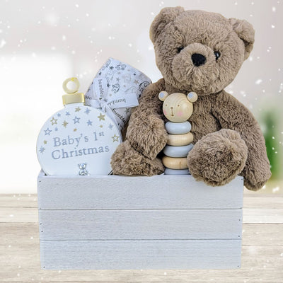 Christmas gift box for babies with brown teddy.