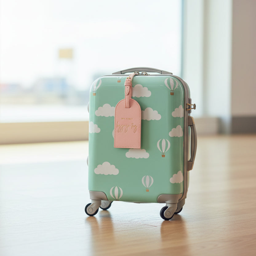 Close up of pink vegan leather My First Luggage Tag with gold buckle and stitched edge, stylish travel accessory.