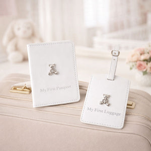 White leather my first passport holder and luggage tag for a baby