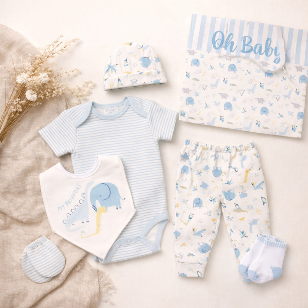 My Friends baby boys clothing set with bodysuit, leggings and bib in blue animal print baby clothes