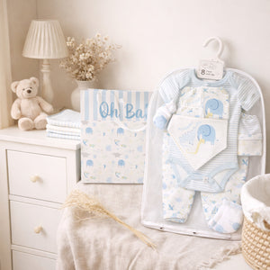 Complete My Friends baby boys clothing outfit set including bodysuit, leggings, hat and bib in blue baby clothes