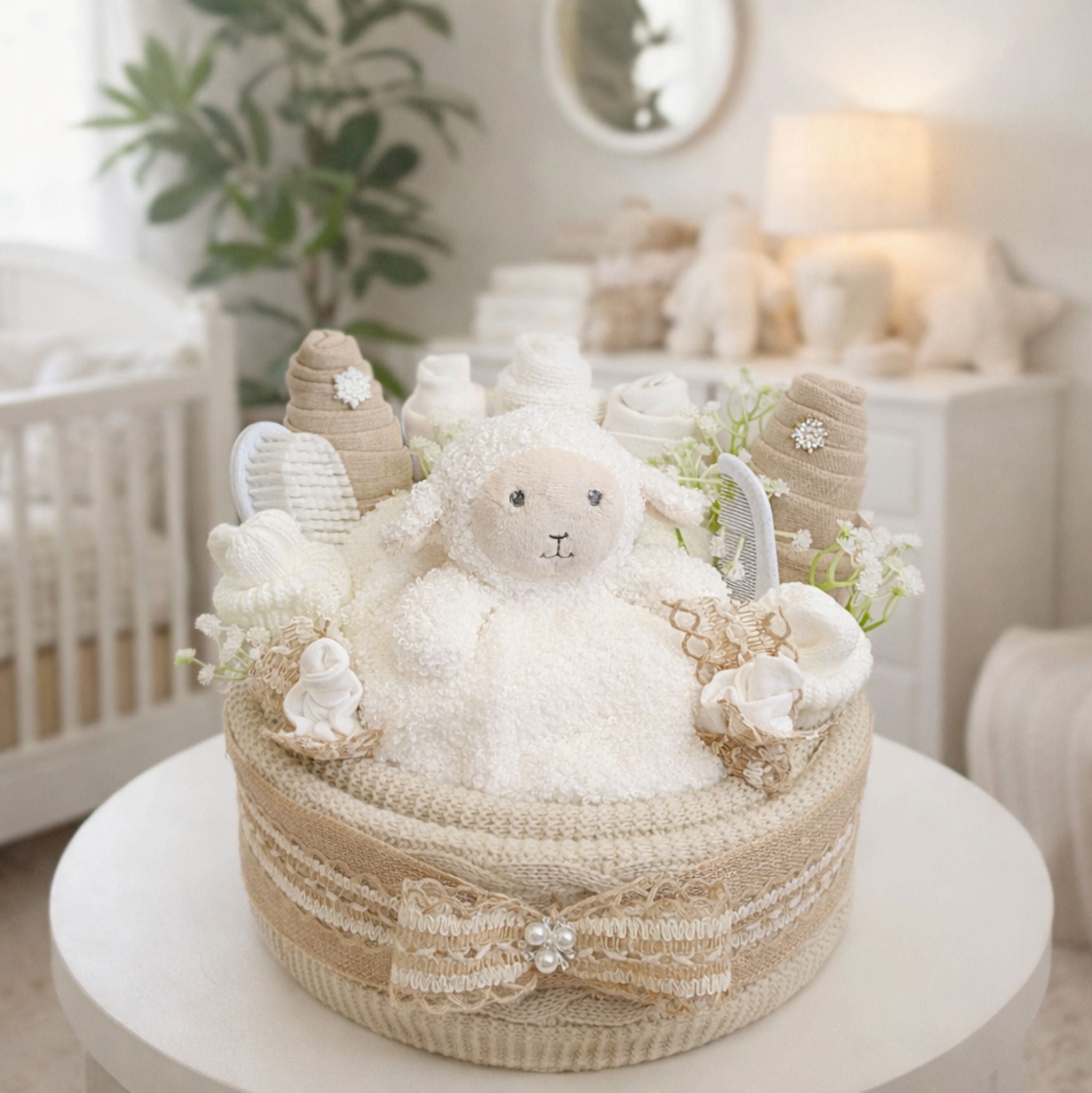 Luxury neutral nappy cake featuring a soft lamb toy and eco-friendly baby essentials.