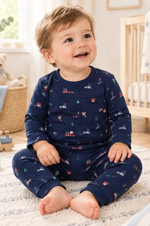 Navy train print baby boy top and joggers set size 0-3 months
